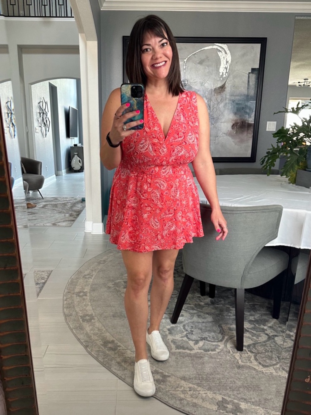 Coral Paisley Romper Boho Flowy V-Neck